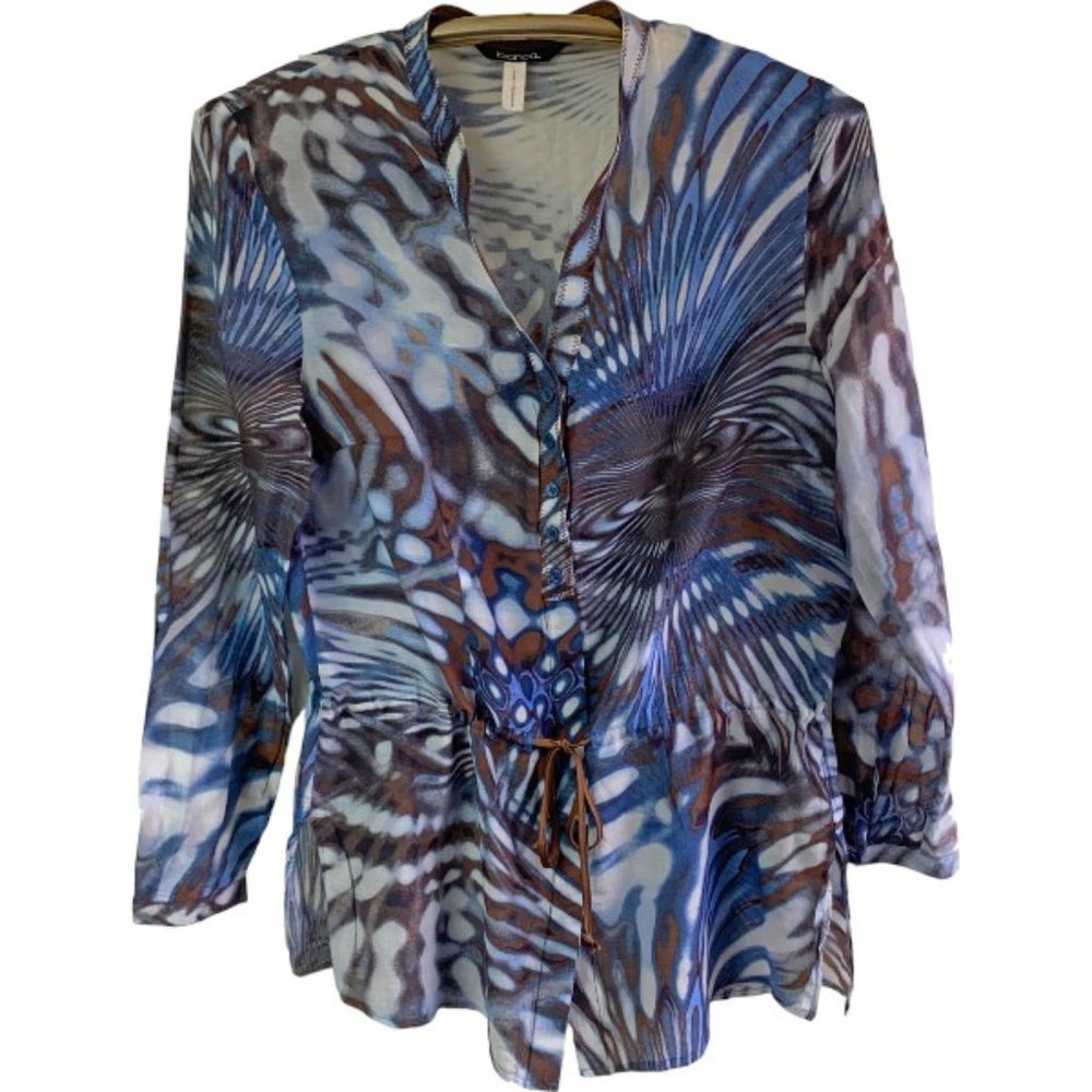 BIANCA of Germany Blue Tropical Print Silk Blend Waist Drawstring Tunic